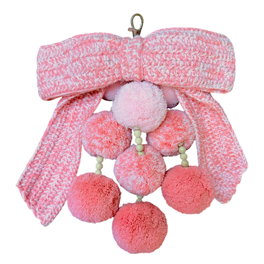 Waterfall Bag Charm Mixed Pink Crochet Bow with 9 Pom-Poms
