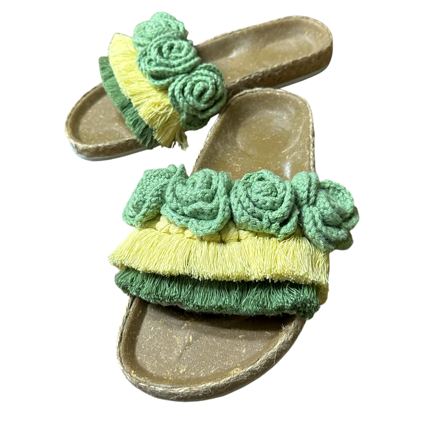 Mt. Banahaw Birken Style Sandals – Sage & Light Yellow Crochet Floral Slides | Handmade-Inspired Comfort Slides