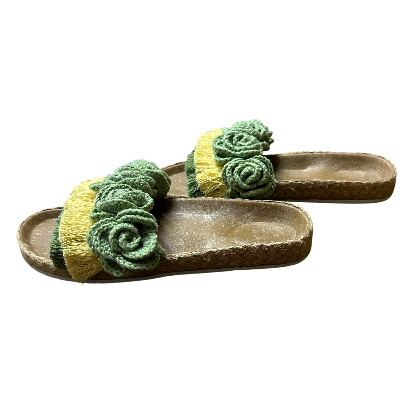 Mt. Banahaw Birken Style Sandals – Sage & Light Yellow Crochet Floral Slides | Handmade-Inspired Comfort Slides
