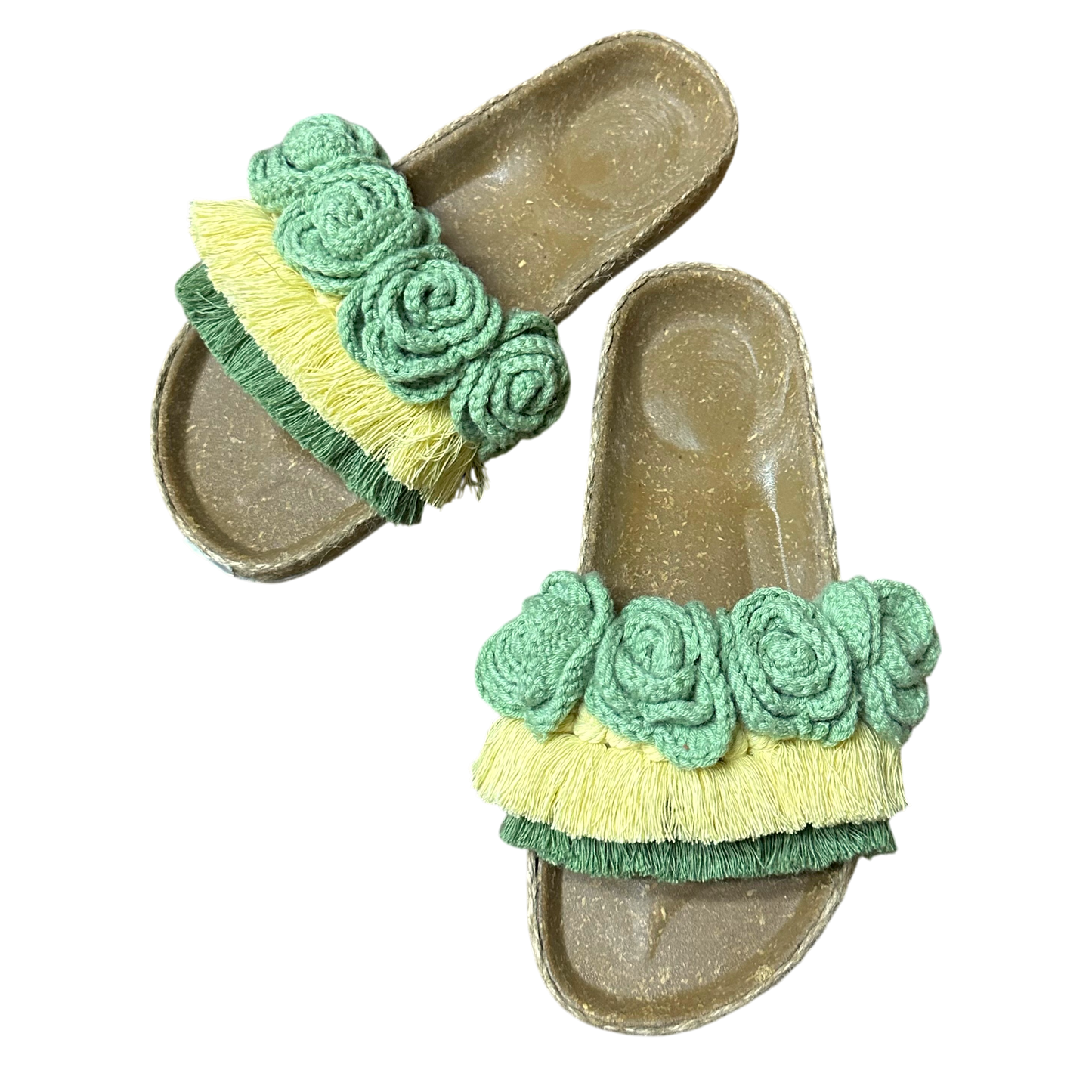 Mt. Banahaw Birken Style Sandals – Sage & Light Yellow Crochet Floral Slides | Handmade-Inspired Comfort Slides
