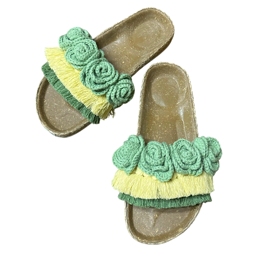 Mt. Banahaw Birken Style Sandals – Sage & Light Yellow Crochet Floral Slides | Handmade-Inspired Comfort Slides