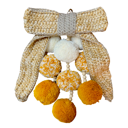 Waterfall Bag Charm Mustard & Gray Crochet Bow with 9 Pom-Poms