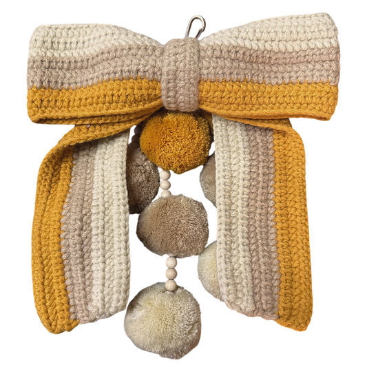 Waterfall Bag Charm Mustard to Beige Crochet Bow with 9 Pom-Poms
