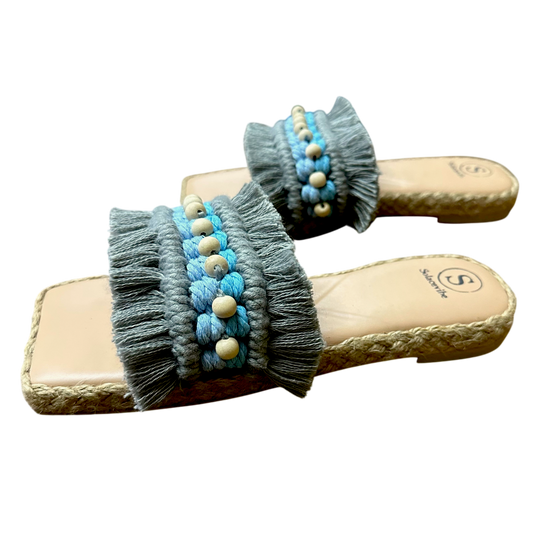 Nacpan Gray Slides – Vegan Leather Sandals with Blue Barrel Accent & Wood Beads