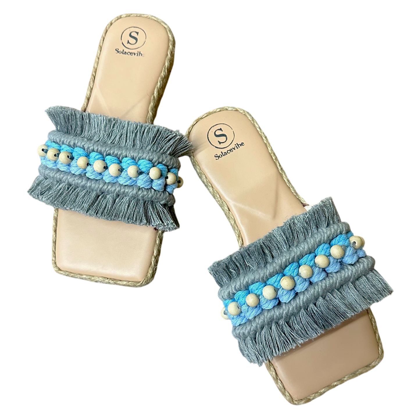 Nacpan Gray Slides – Vegan Leather Sandals with Blue Barrel Accent & Wood Beads