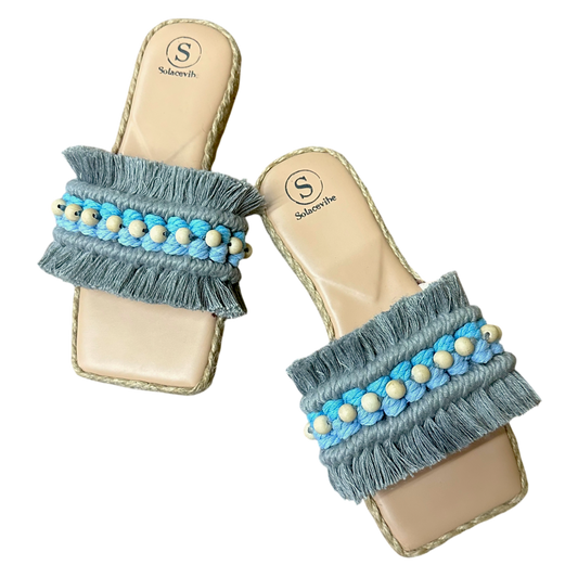 Nacpan Gray Slides – Vegan Leather Sandals with Blue Barrel Accent & Wood Beads
