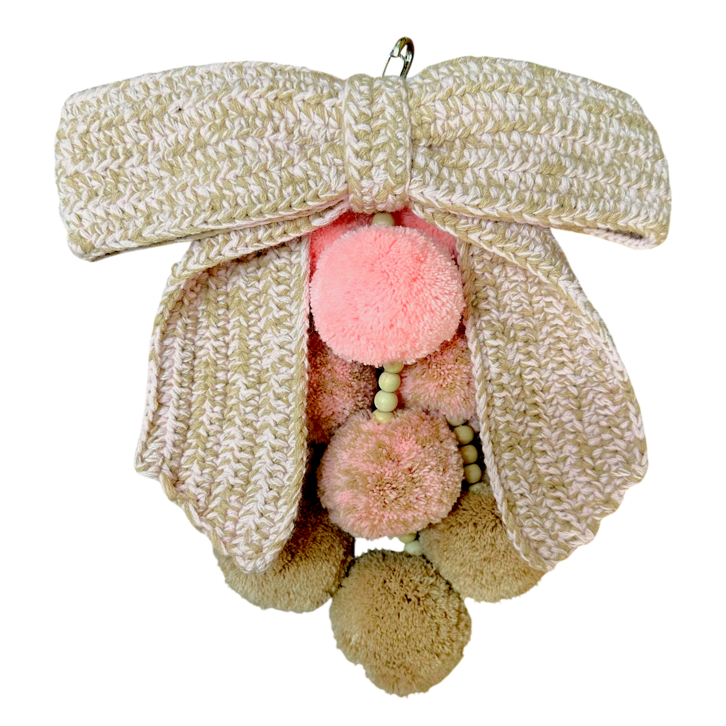 Waterfall Bag Charm Pastel Pink & Beige Crochet Bow with 9 Pom-Poms