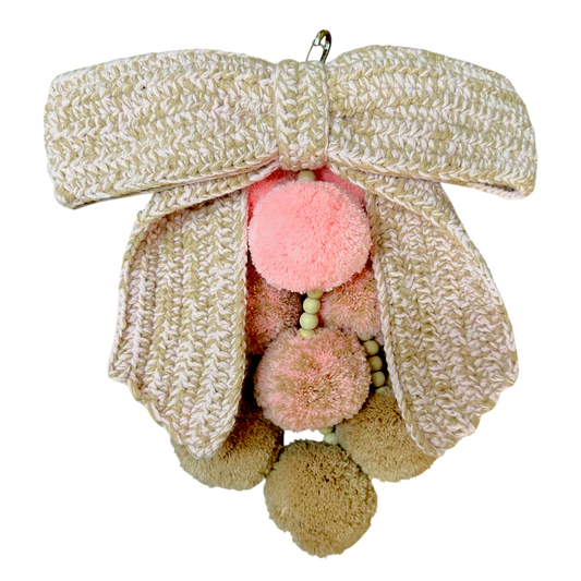 Waterfall Bag Charm Pastel Pink & Beige Crochet Bow with 9 Pom-Poms