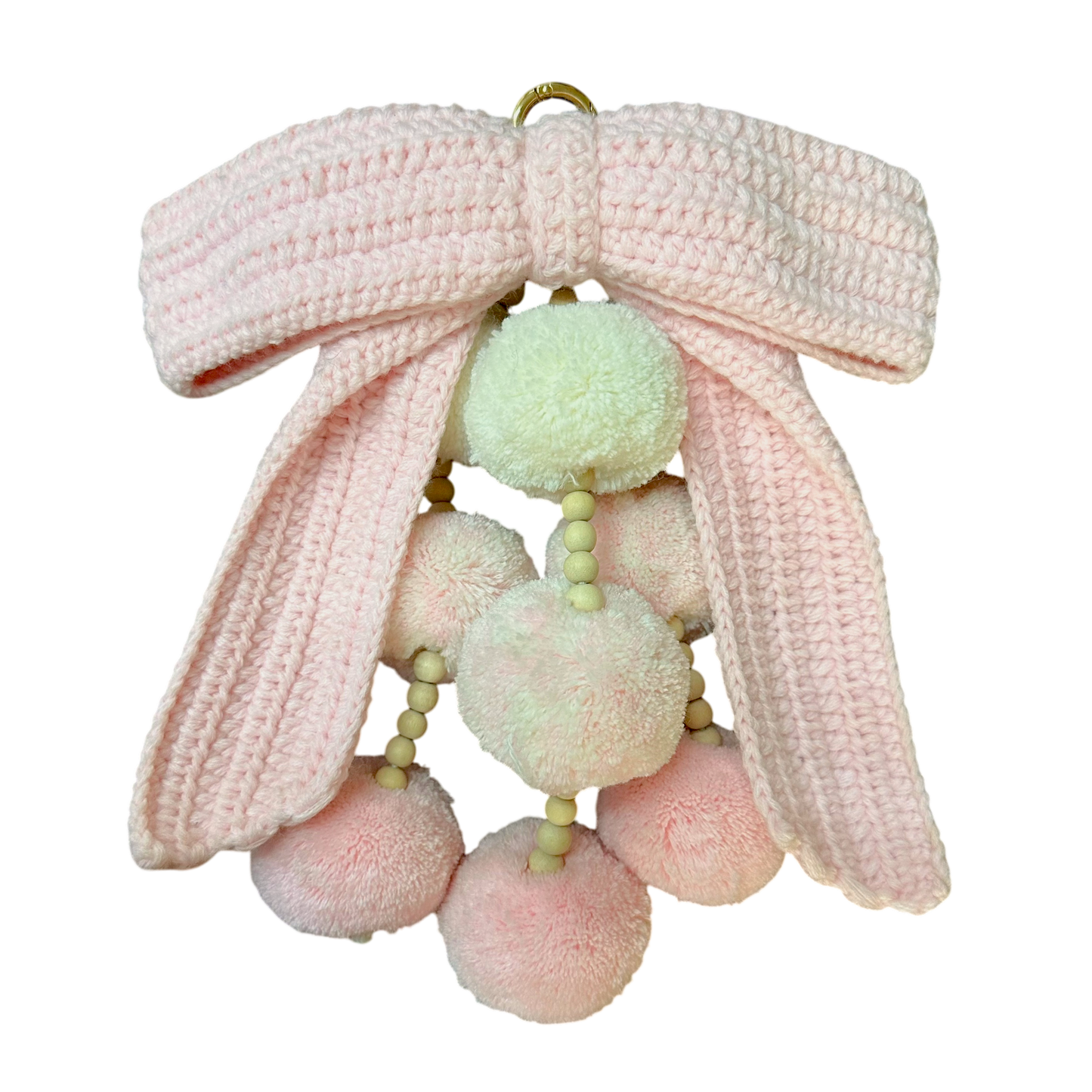 Waterfall Bag Charm Pastel Pink Crochet Bow with 9 Pom-Poms