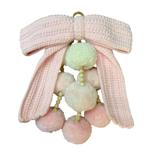 Waterfall Bag Charm Pastel Pink Crochet Bow with 9 Pom-Poms
