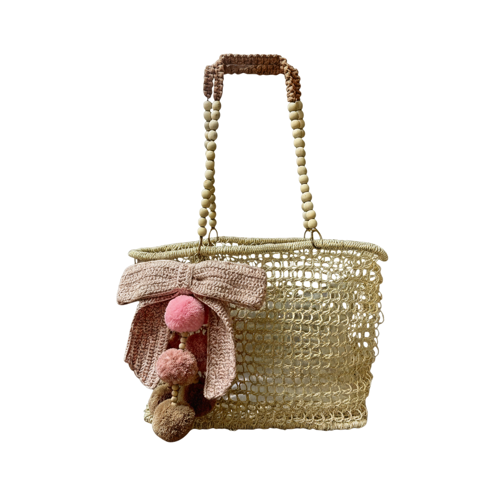 Merloquet Collapsible Abaca Tote Bag with Beaded Handle & Pom-Pom Bow Rose Nude w/ Pink