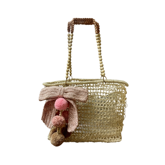 Merloquet Collapsible Abaca Tote Bag with Beaded Handle & Pom-Pom Bow Rose Nude w/ Pink