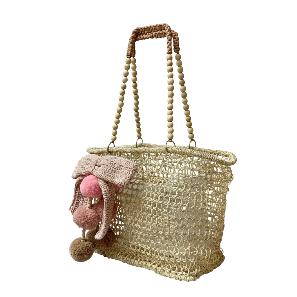 Merloquet Collapsible Abaca Tote Bag with Beaded Handle & Pom-Pom Bow Rose Nude w/ Pink