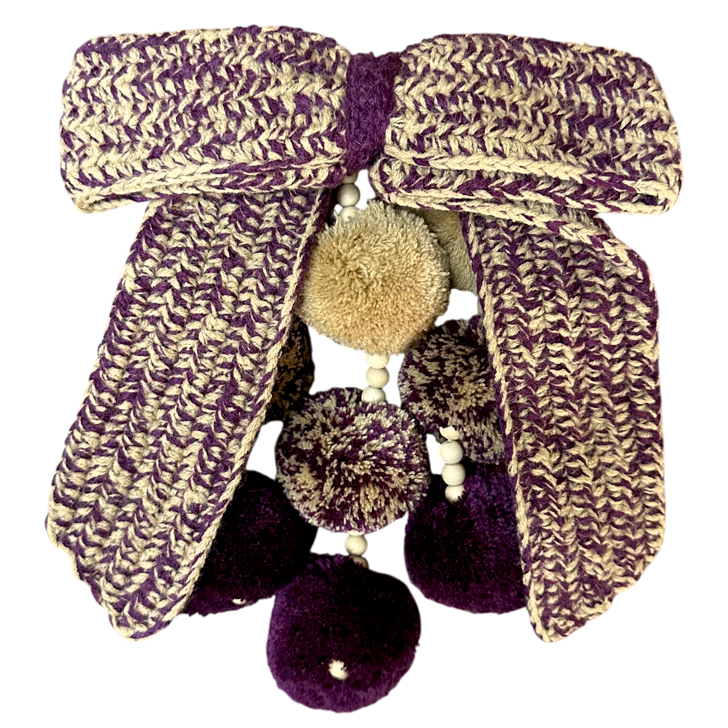 Waterfall Bag Charm Plum & Beige Crochet Bow with 9 Pom-Poms