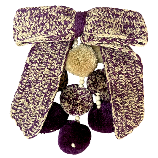 Waterfall Bag Charm Plum & Beige Crochet Bow with 9 Pom-Poms