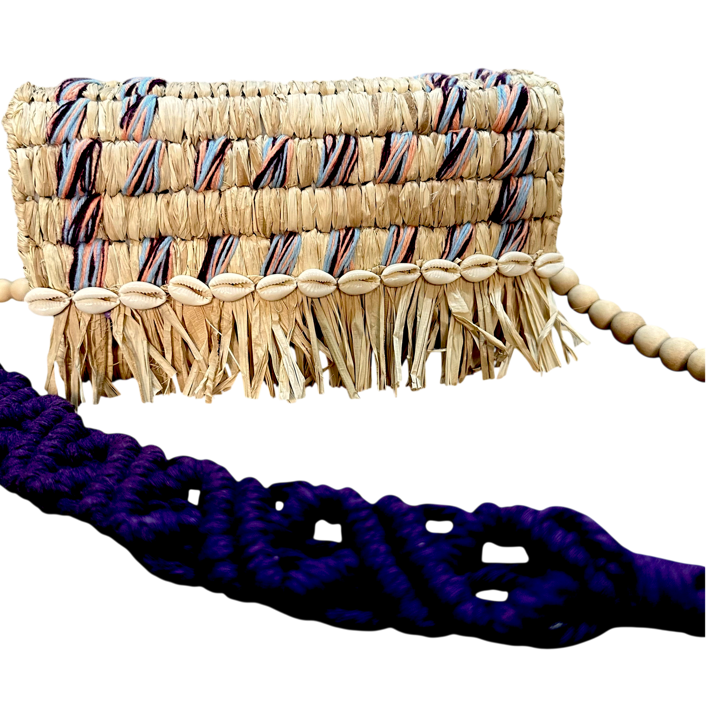 Tarangban  Raffia Sling Box Bag Plum, Peach & Blue