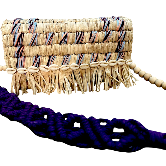 Tarangban  Raffia Sling Box Bag Plum, Peach & Blue