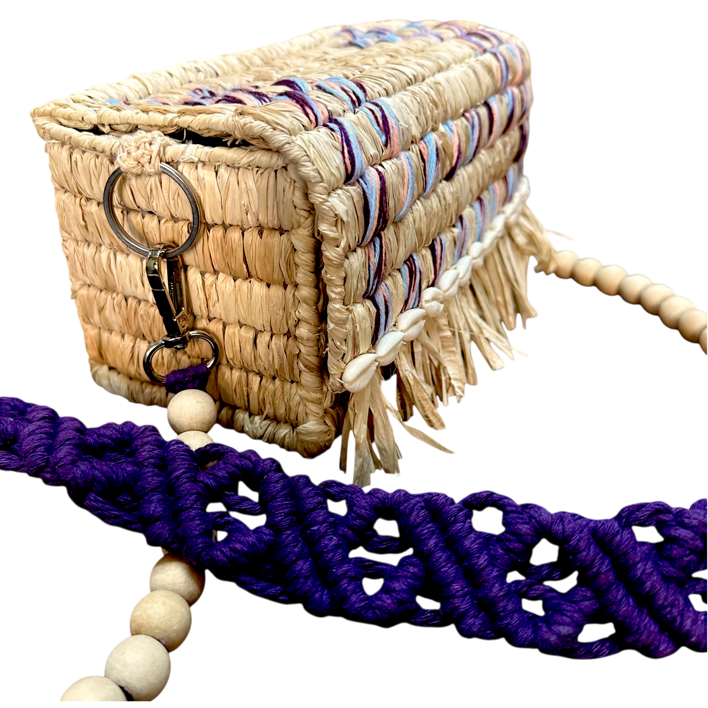 Tarangban  Raffia Sling Box Bag Plum, Peach & Blue