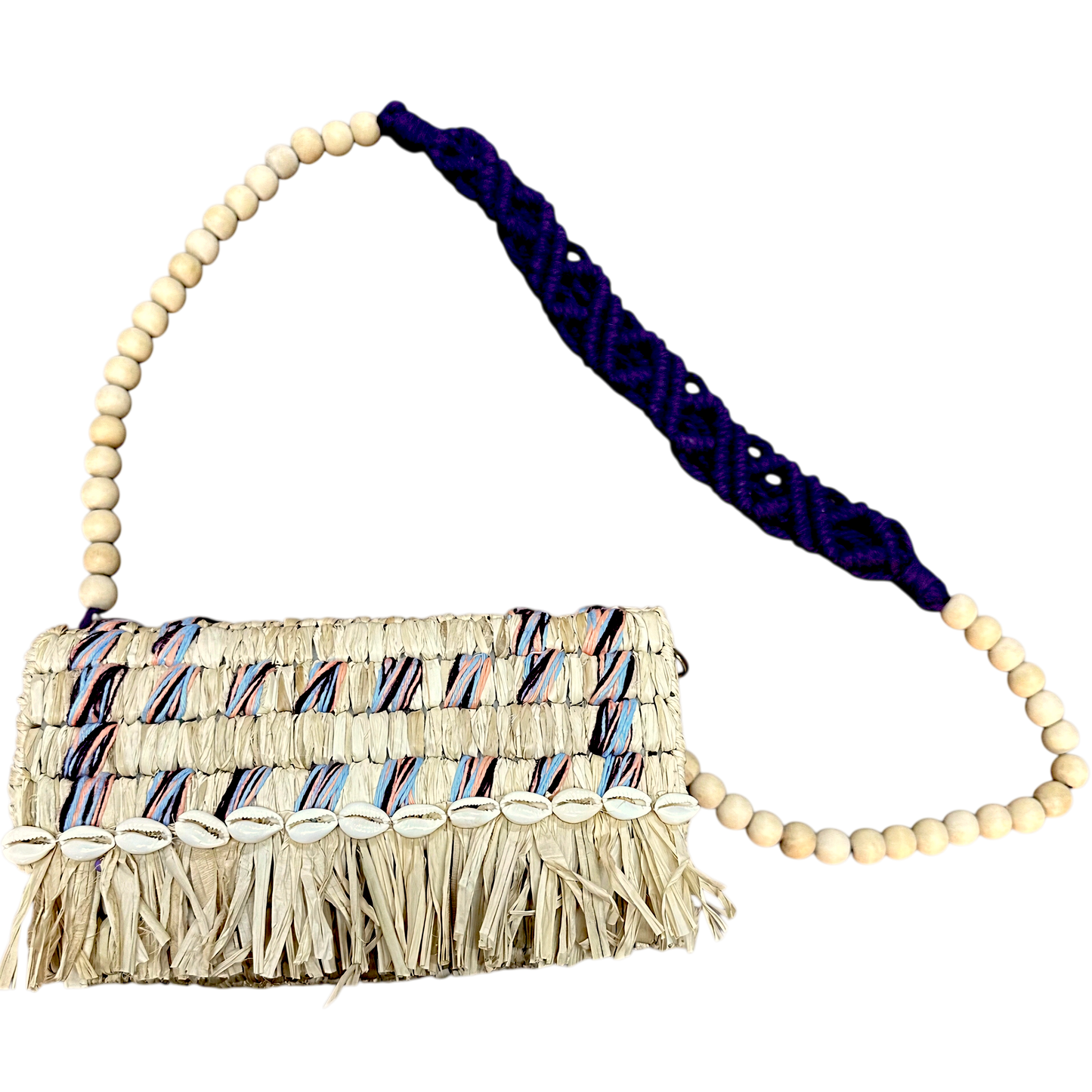 Tarangban  Raffia Sling Box Bag Plum, Peach & Blue