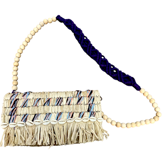 Tarangban  Raffia Sling Box Bag Plum, Peach & Blue