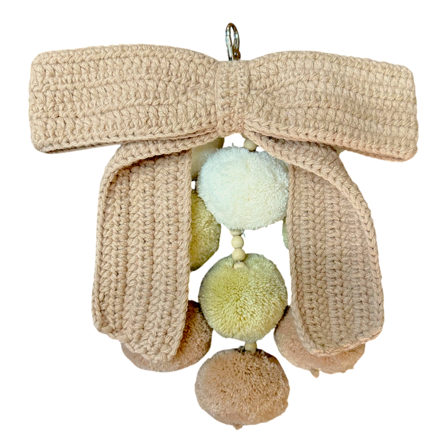 Waterfall Bag Charm Rose Nude Crochet Bow with 9 Pom-Poms