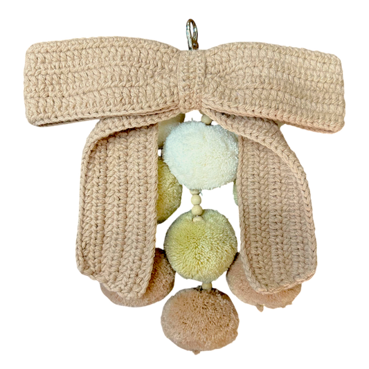 Waterfall Bag Charm Rose Nude Crochet Bow with 9 Pom-Poms