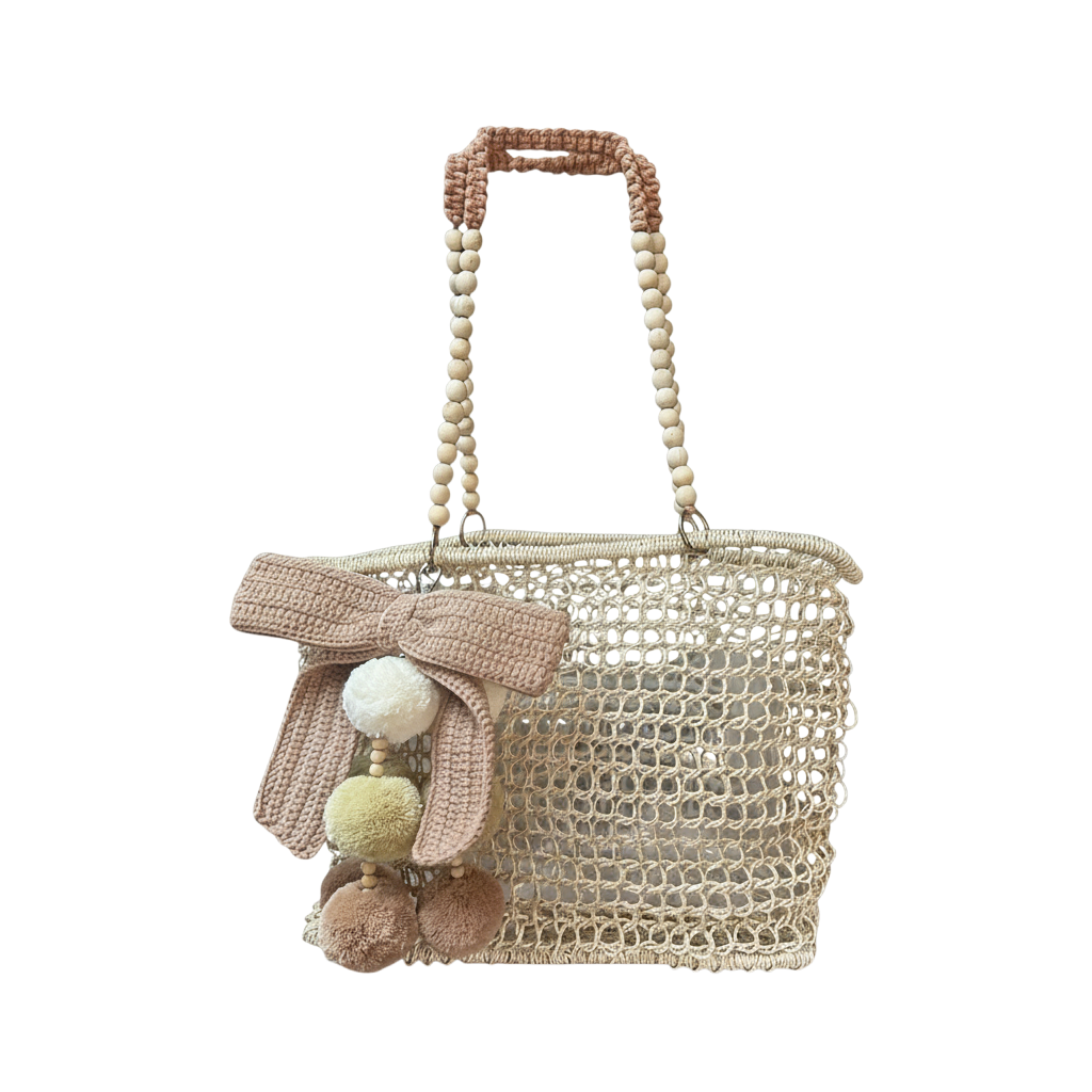 Merloquet Collapsible Abaca Tote Bag with Beaded Handle & Pom-Pom Bow Rose Nude