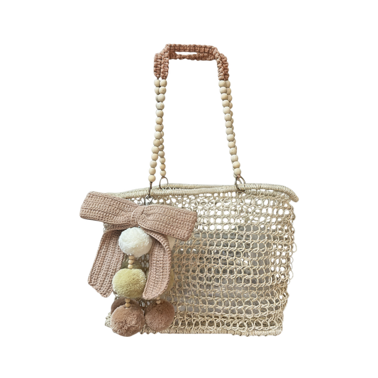 Merloquet Collapsible Abaca Tote Bag with Beaded Handle & Pom-Pom Bow Rose Nude