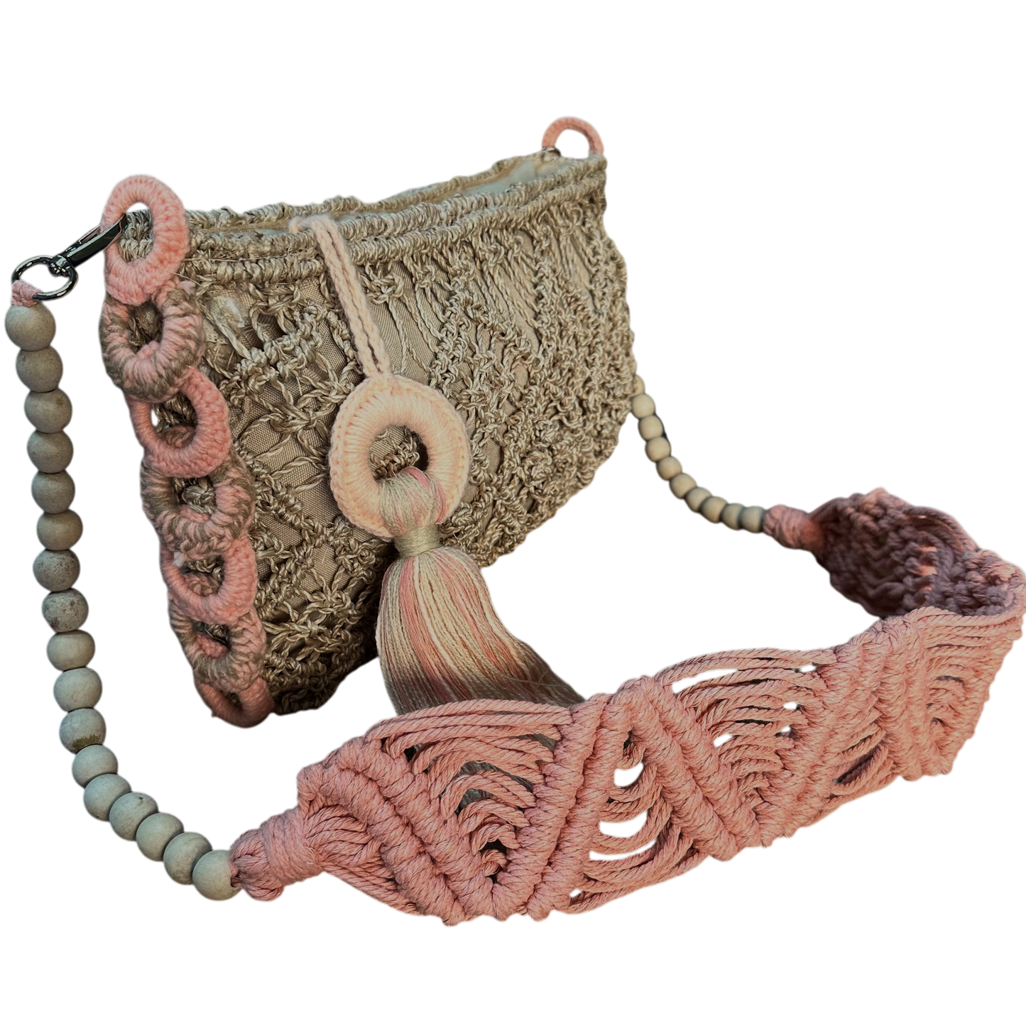 Abaca Mermaid Bag Peach– Handmade Macramé Sling Bag with Tassel & Wooden Beads