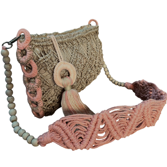 Abaca Mermaid Bag Peach– Handmade Macramé Sling Bag with Tassel & Wooden Beads