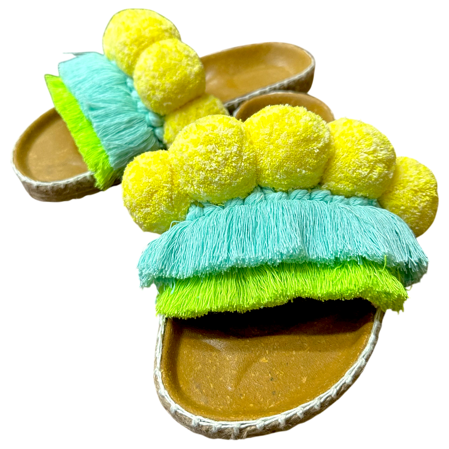 Santorini  Birken Slides – Colorful Fringe & Pom Pom Solacevibe  Sandals