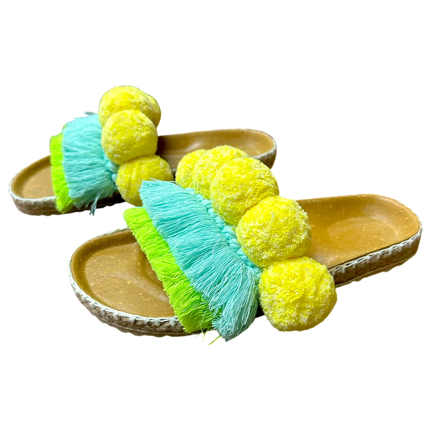 Santorini  Birken Slides – Colorful Fringe & Pom Pom Solacevibe  Sandals