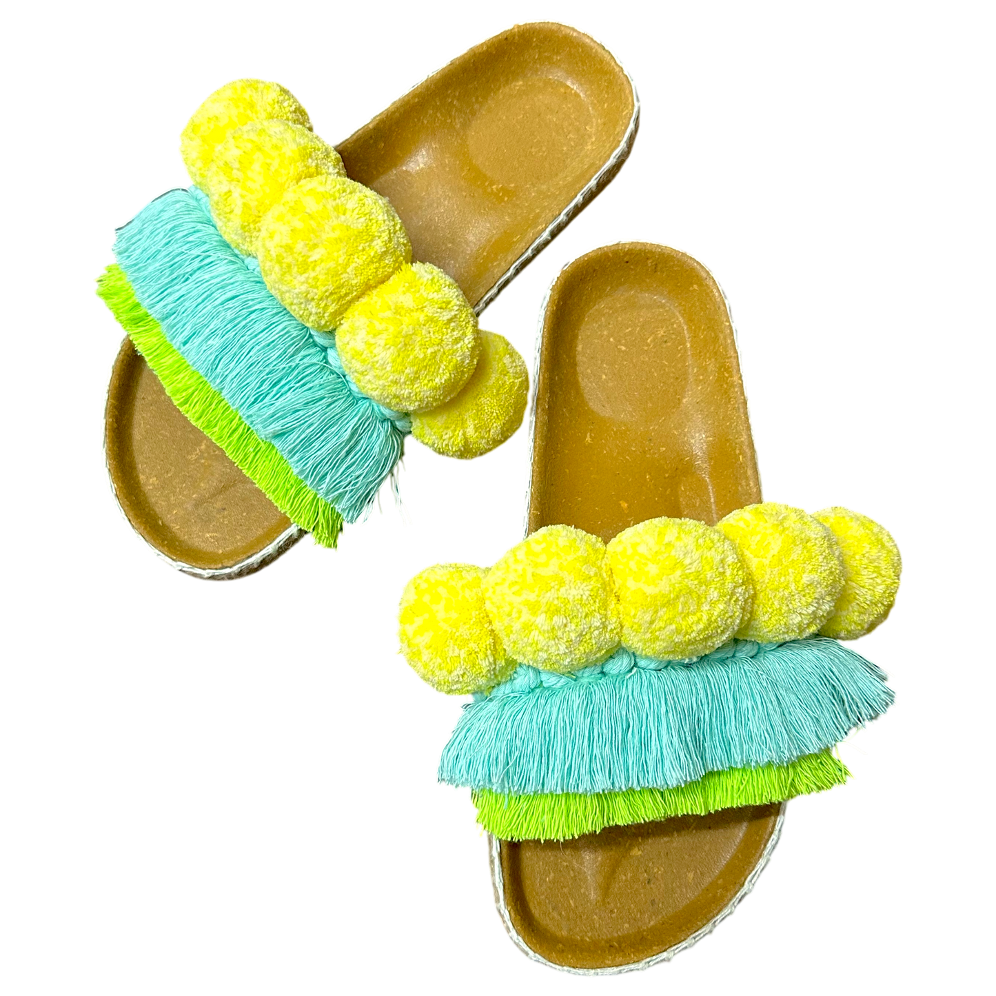 Santorini  Birken Slides – Colorful Fringe & Pom Pom Solacevibe  Sandals