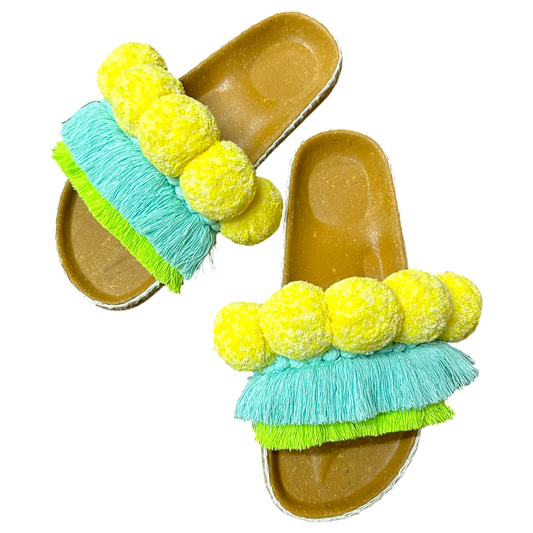 Santorini  Birken Slides – Colorful Fringe & Pom Pom Solacevibe  Sandals