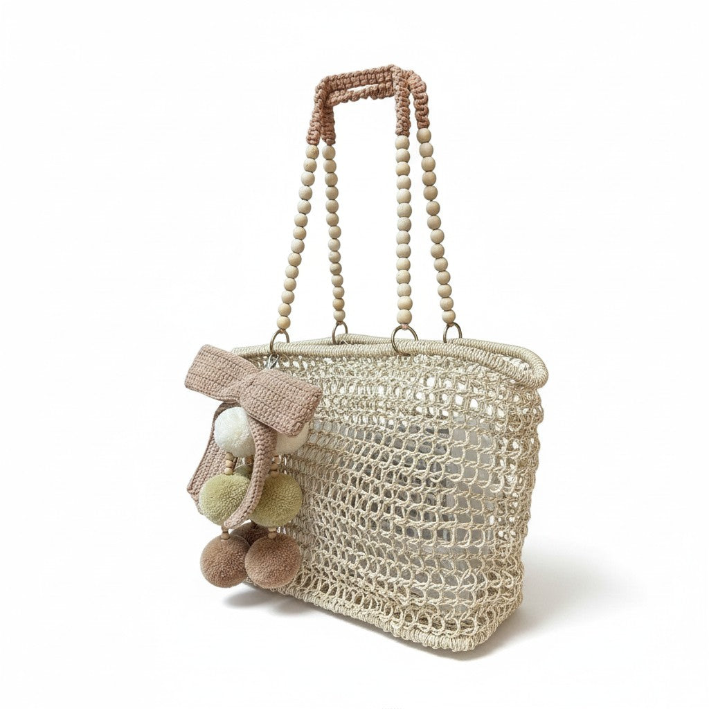 Merloquet Collapsible Abaca Tote Bag with Beaded Handle & Pom-Pom Bow Rose Nude
