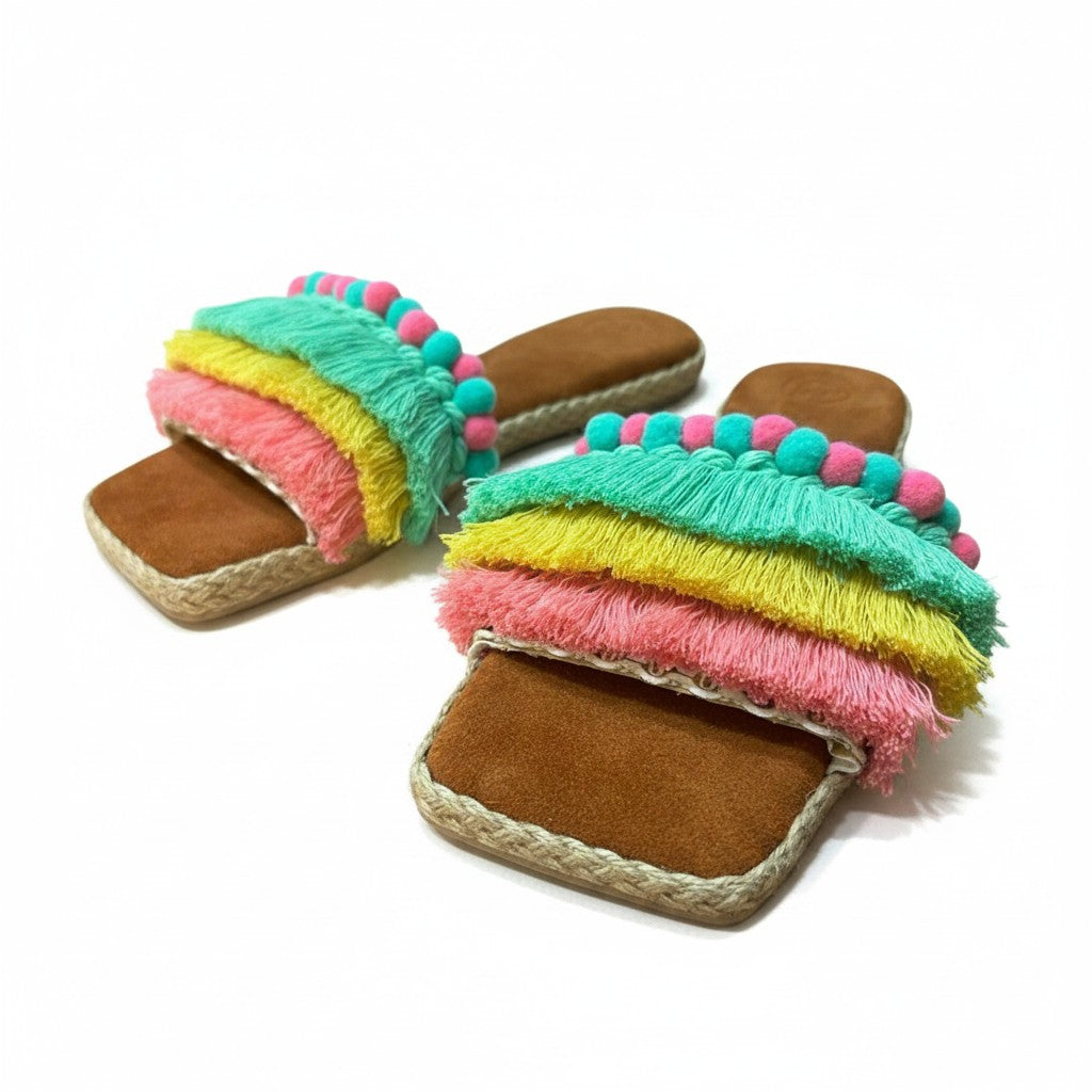 Bali Fringe Slides with cowhide insole – Colorful Handmade Tassel Sandals