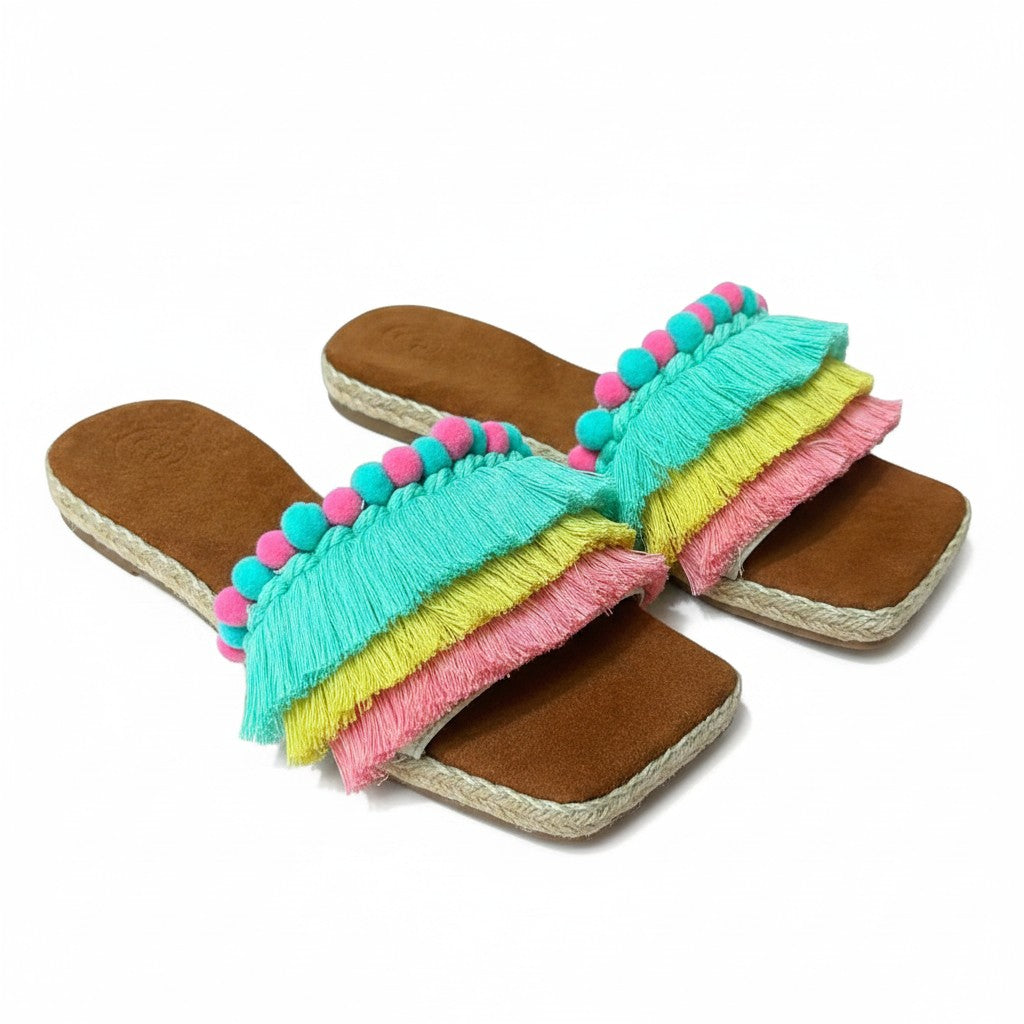 Bali Fringe Slides with cowhide insole – Colorful Handmade Tassel Sandals