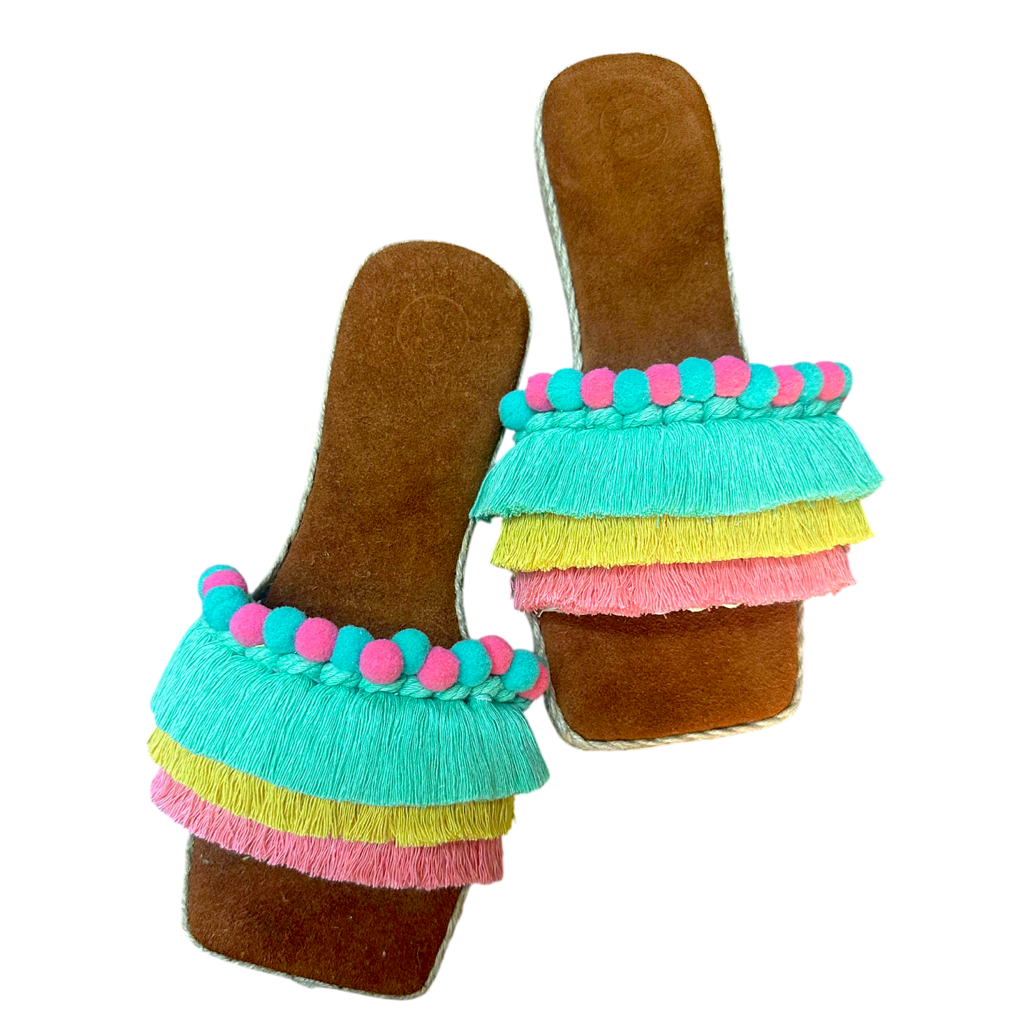 Bali Fringe Slides with cowhide insole – Colorful Handmade Tassel Sandals