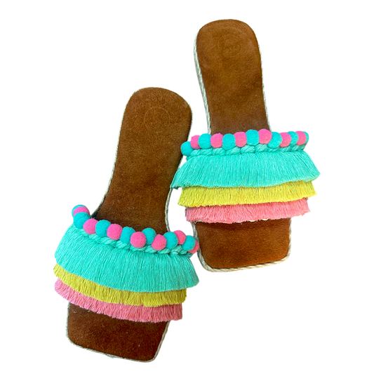 Bali Fringe Slides with cowhide insole – Colorful Handmade Tassel Sandals