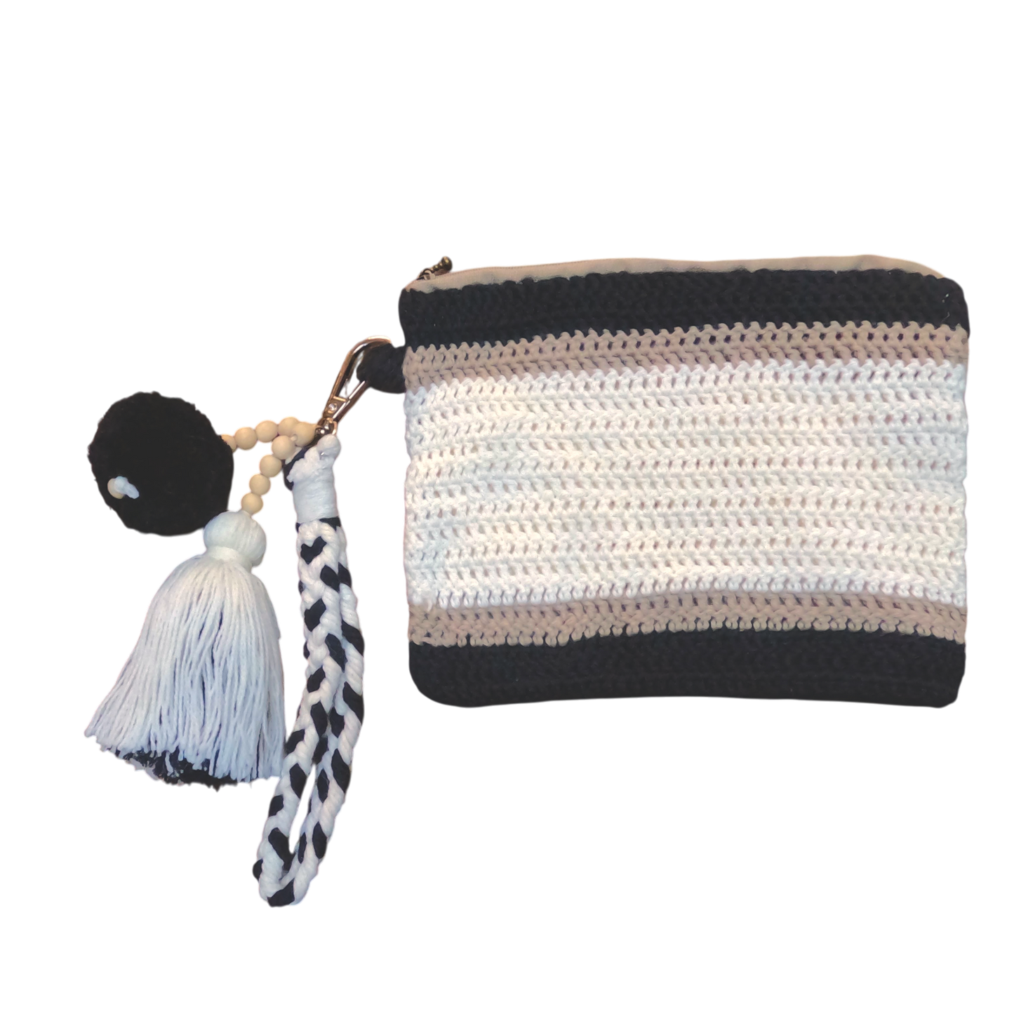 Crochet Pouch Bag with Macramé Hand Sling – Tassel & Pom-Pom Wristlet