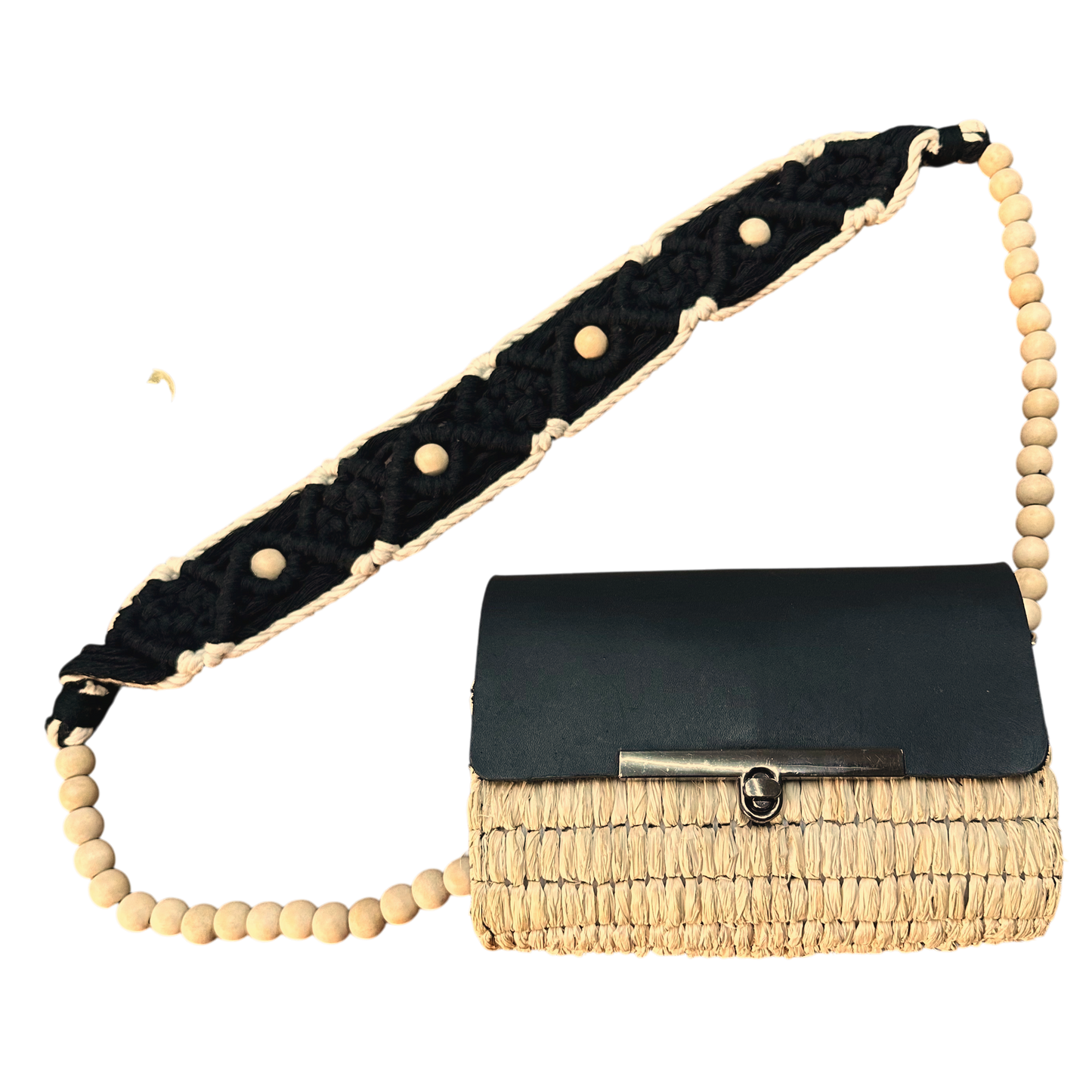 Black Macramé Beaded Strap Bag – Handmade Raffia Crossbody with Real Leather Flap