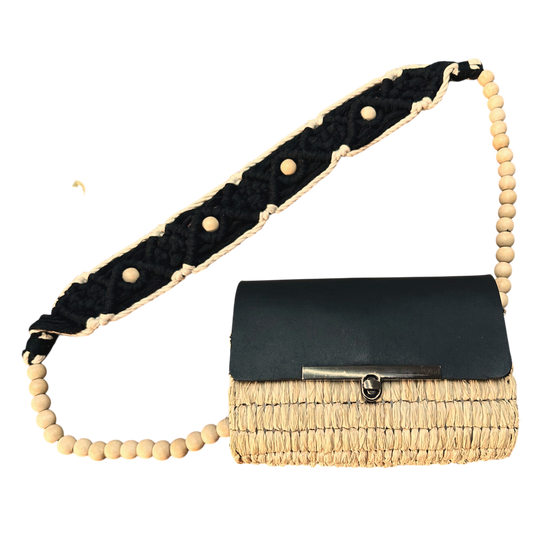 Black Macramé Beaded Strap Bag – Handmade Raffia Crossbody with Real Leather Flap