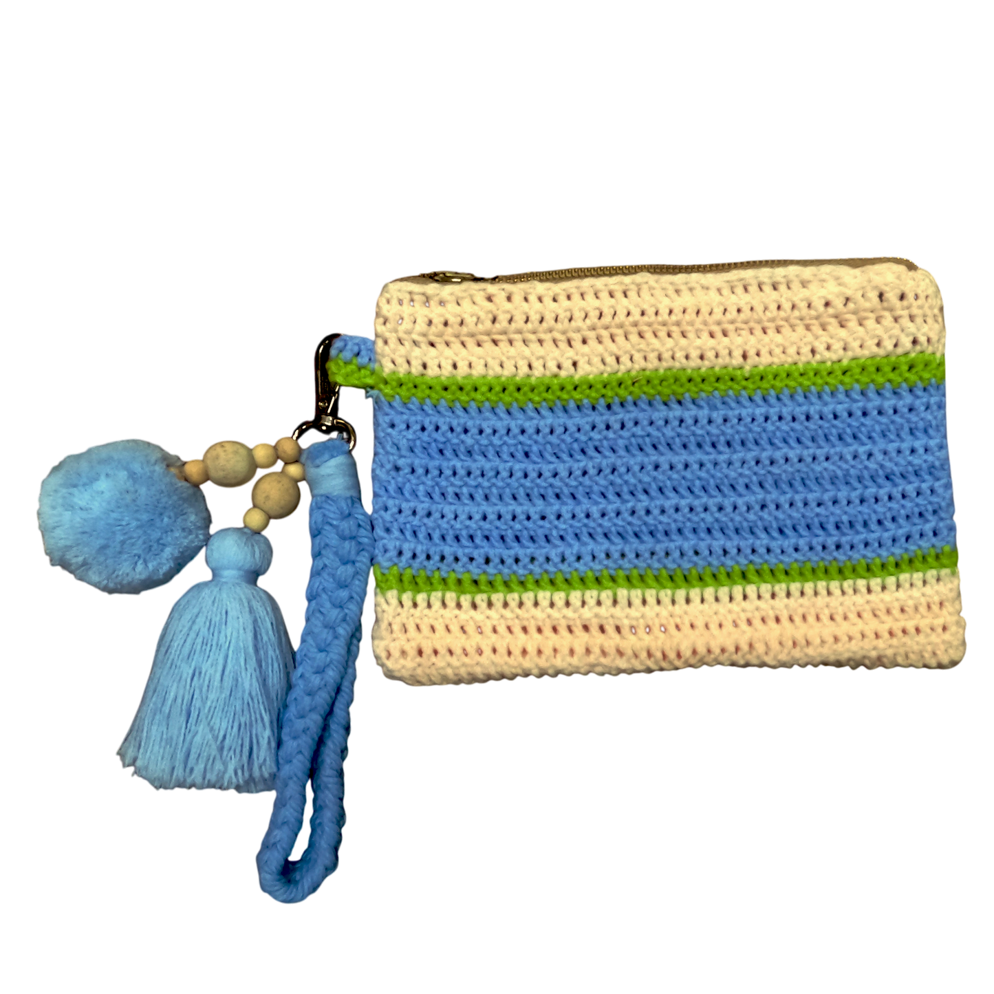 Crochet Pouch Bag with Macramé Hand Sling – Tassel & Pom-Pom Wristlet