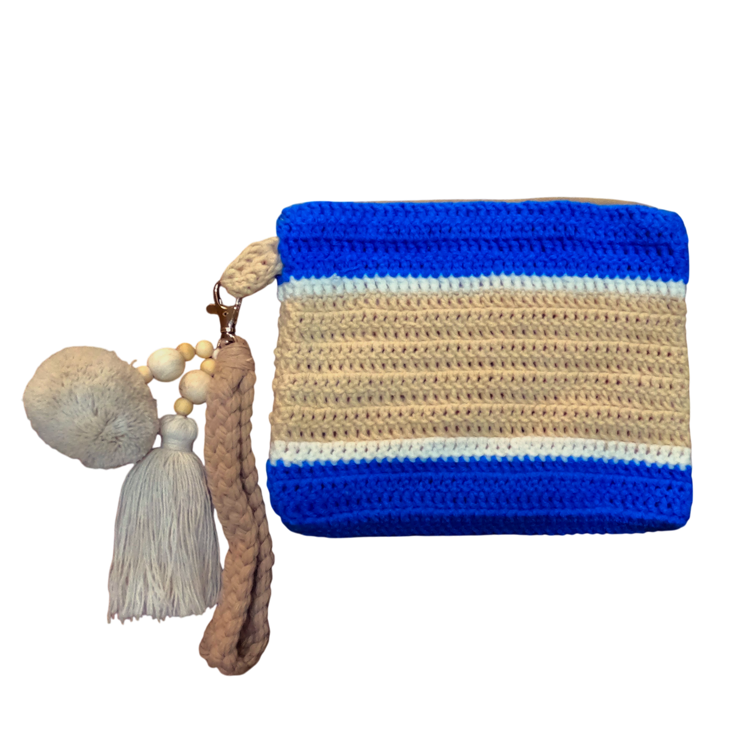 Crochet Pouch Bag with Macramé Hand Sling – Tassel & Pom-Pom Wristlet