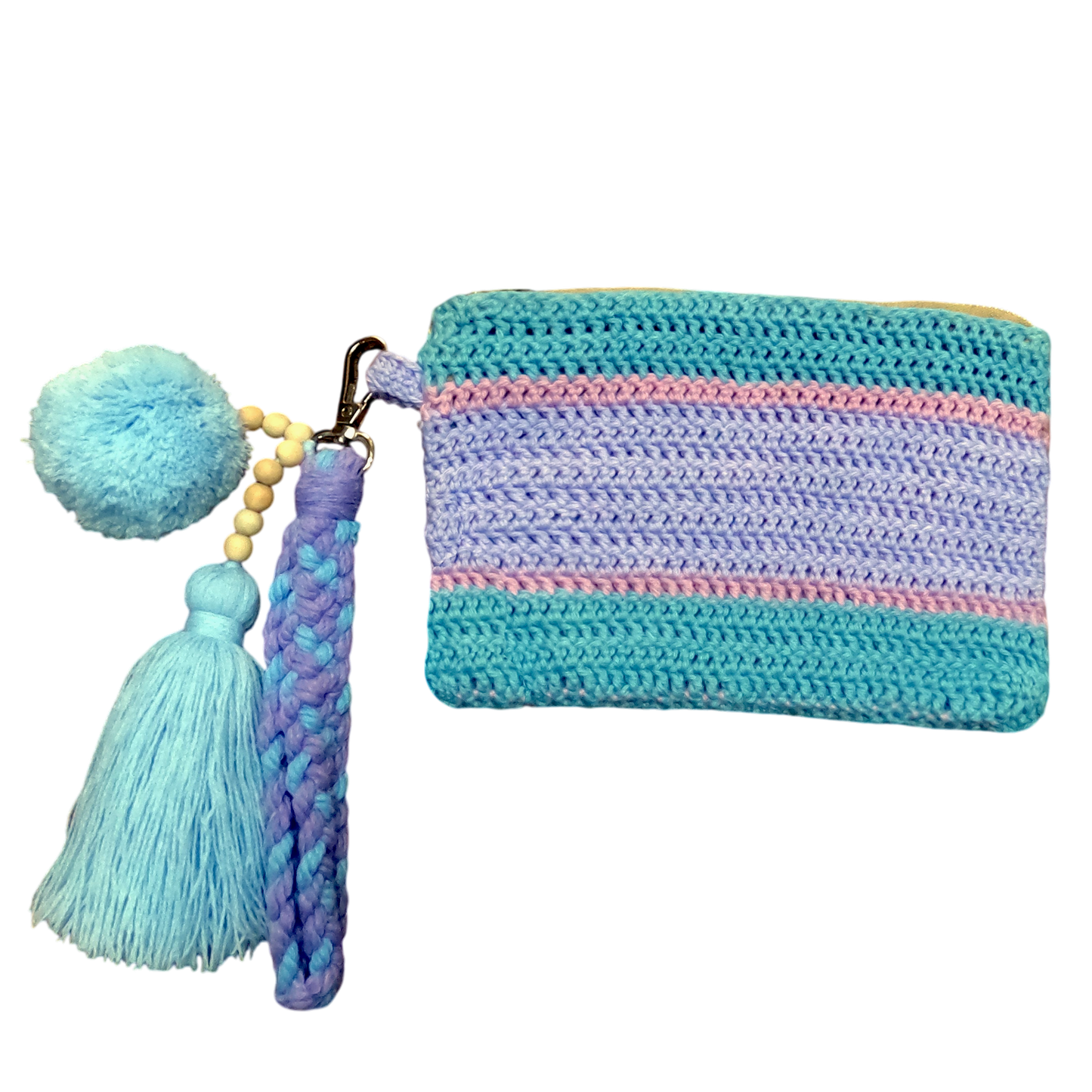 Crochet Pouch Bag with Macramé Hand Sling – Tassel & Pom-Pom Wristlet