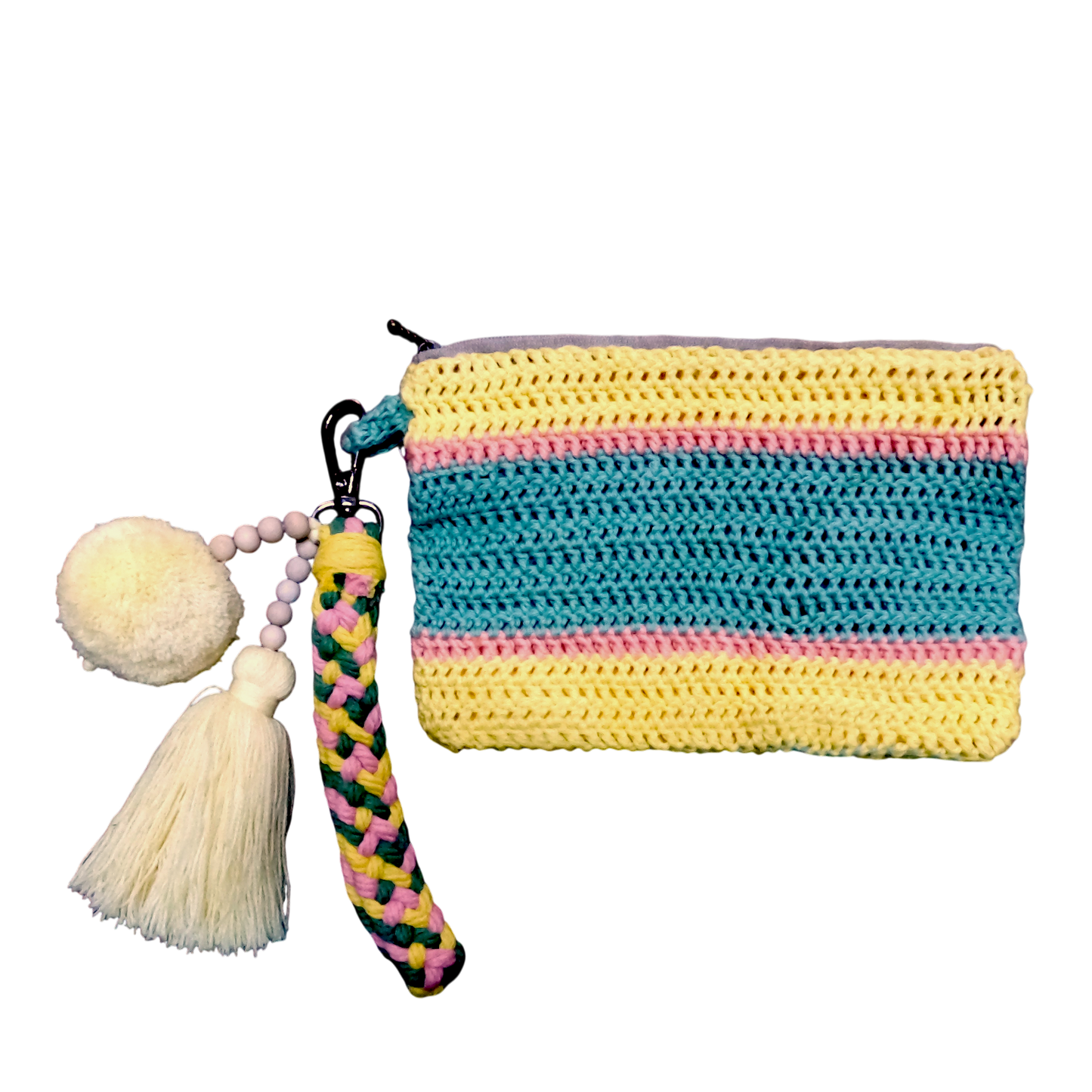 Crochet Pouch Bag with Macramé Hand Sling – Tassel & Pom-Pom Wristlet