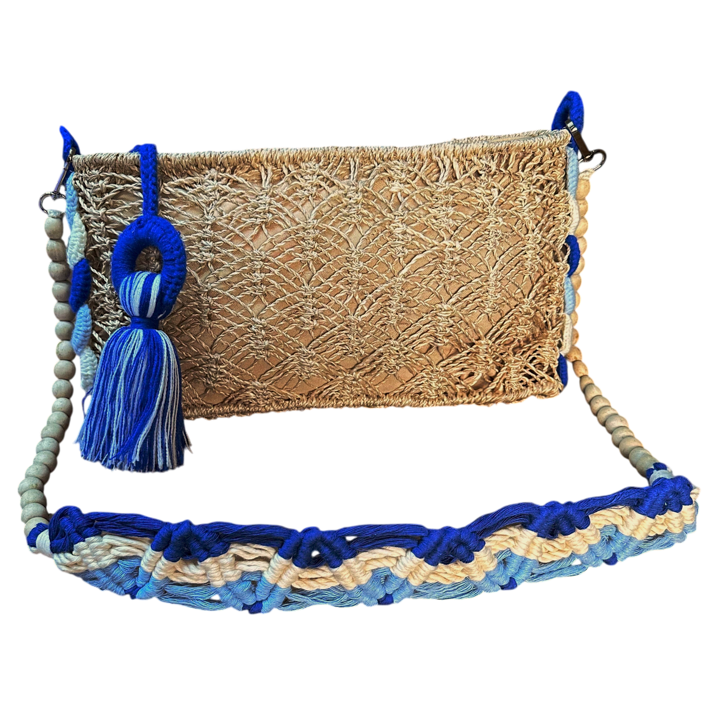 Abaca Mermaid Bag Blue – Handmade Macramé Sling Bag with Tassel & Wooden Beads