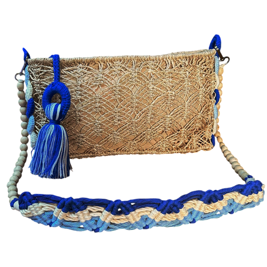 Abaca Mermaid Bag Blue – Handmade Macramé Sling Bag with Tassel & Wooden Beads
