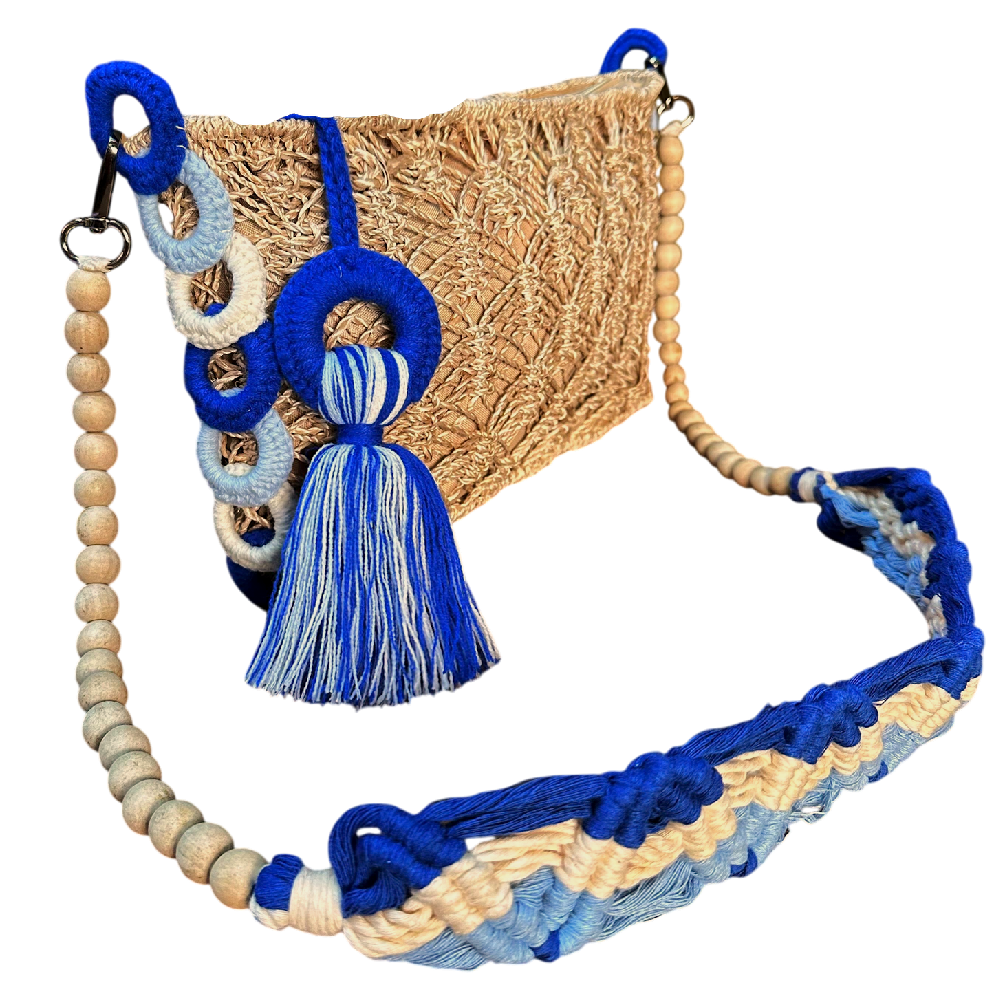 Abaca Mermaid Bag Blue – Handmade Macramé Sling Bag with Tassel & Wooden Beads