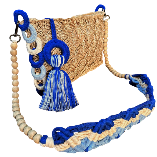 Abaca Mermaid Bag Blue – Handmade Macramé Sling Bag with Tassel & Wooden Beads